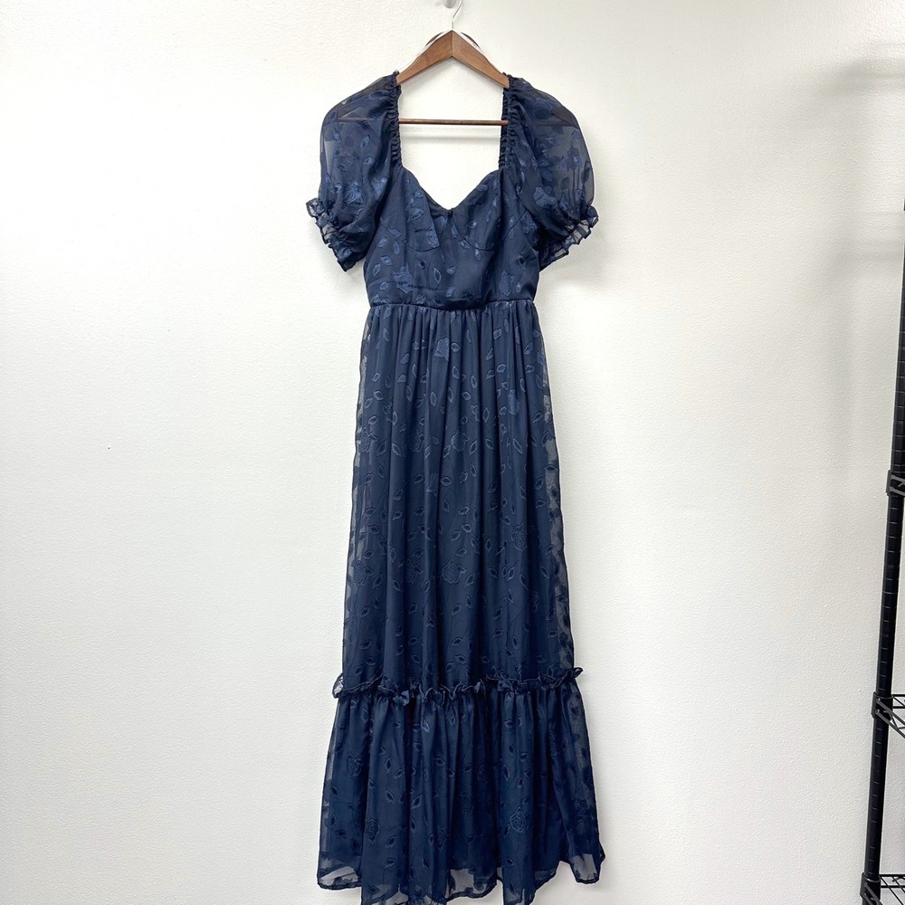 Lulus Puff Sleeve Sweetheart Midi Dress‎ Navy M - Picture 2 of 10